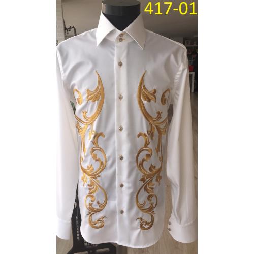 Axxess White / Gold Embroidery 100% Cotton Modern Fit Dress Shirt 417-01